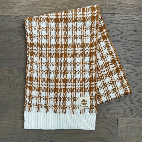 Timberland Cozy Plaid Knit Scarf Cream & Caramel Brown Sz OS - no fabric tag - Picture 6 of 6